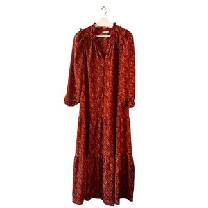 MAX STUDIO midi dress with ruffles, V-neck, orange & multi floral Size Large